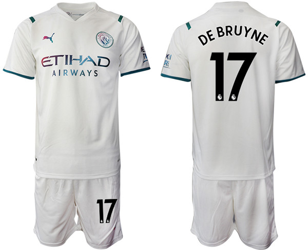 Men's Manchester City #17 Kevin De Bruyne 2021/22 White Away Soccer Jersey with Shorts